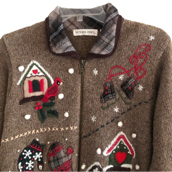 Victoria Jones Ramie Wool Cardigan Womens Sz M VTG Embroidered Patchwork Winter - Picture 2 of 16